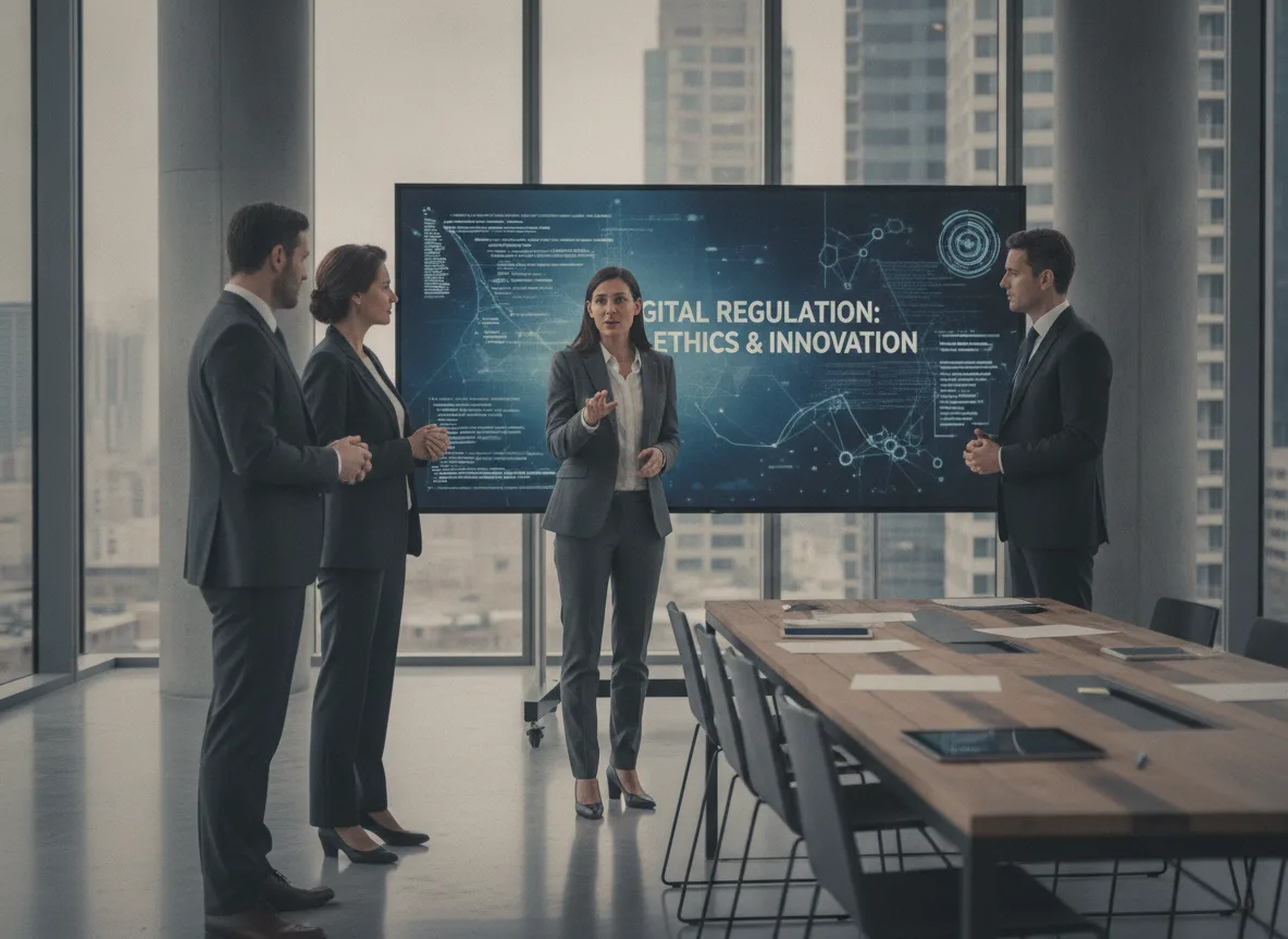 Quatro executivos em reunião sobre regulação digital com tela ao fundo | Imagine Company - Agência de Marketing e Vendas em Goiânia - GO - BRASIL