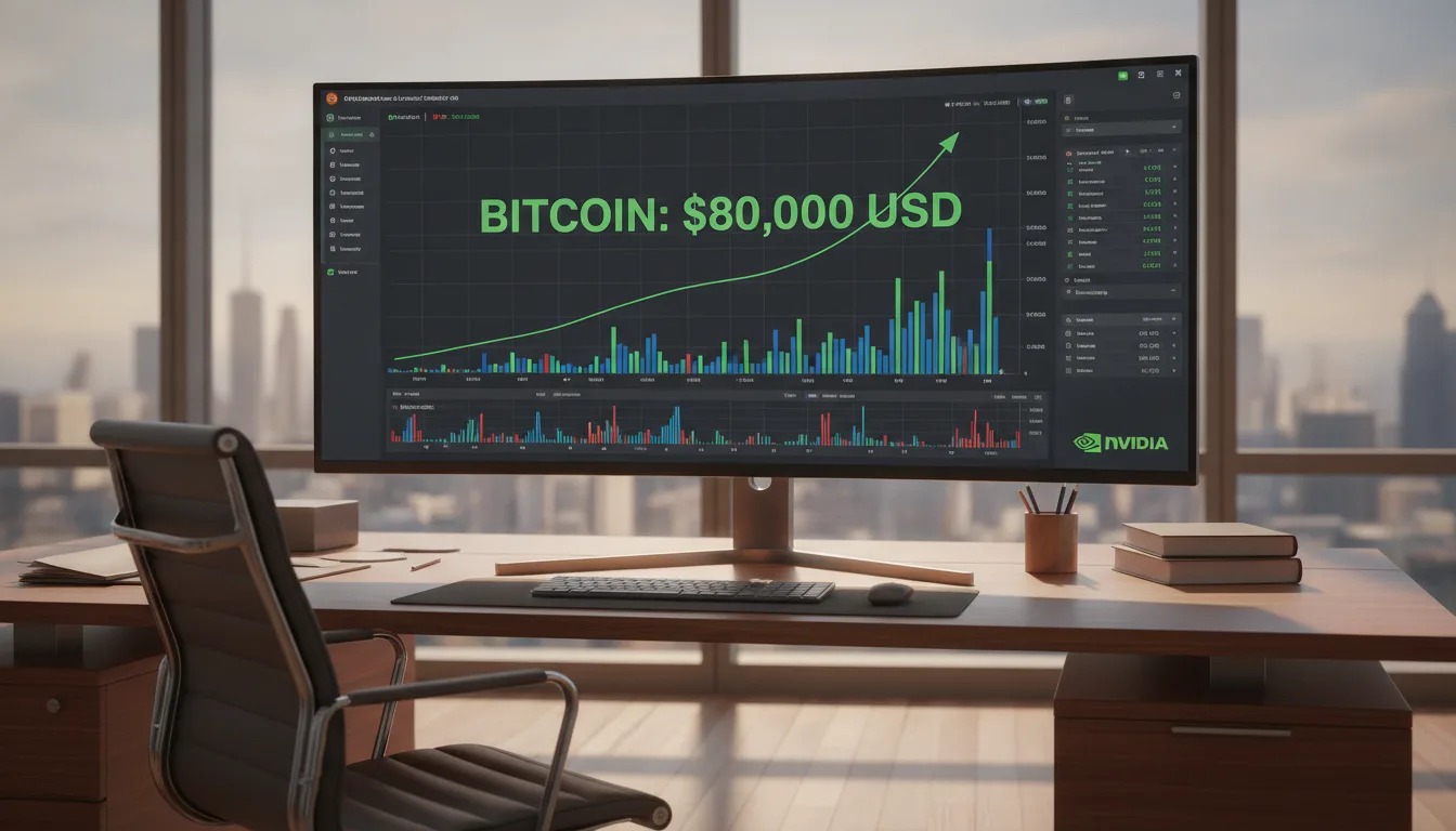 Gráfico de crescimento do Bitcoin para US$ 80 mil em monitor de escritório | Imagine Company - Agência de Marketing e Vendas em Goiânia - GO - BRASIL