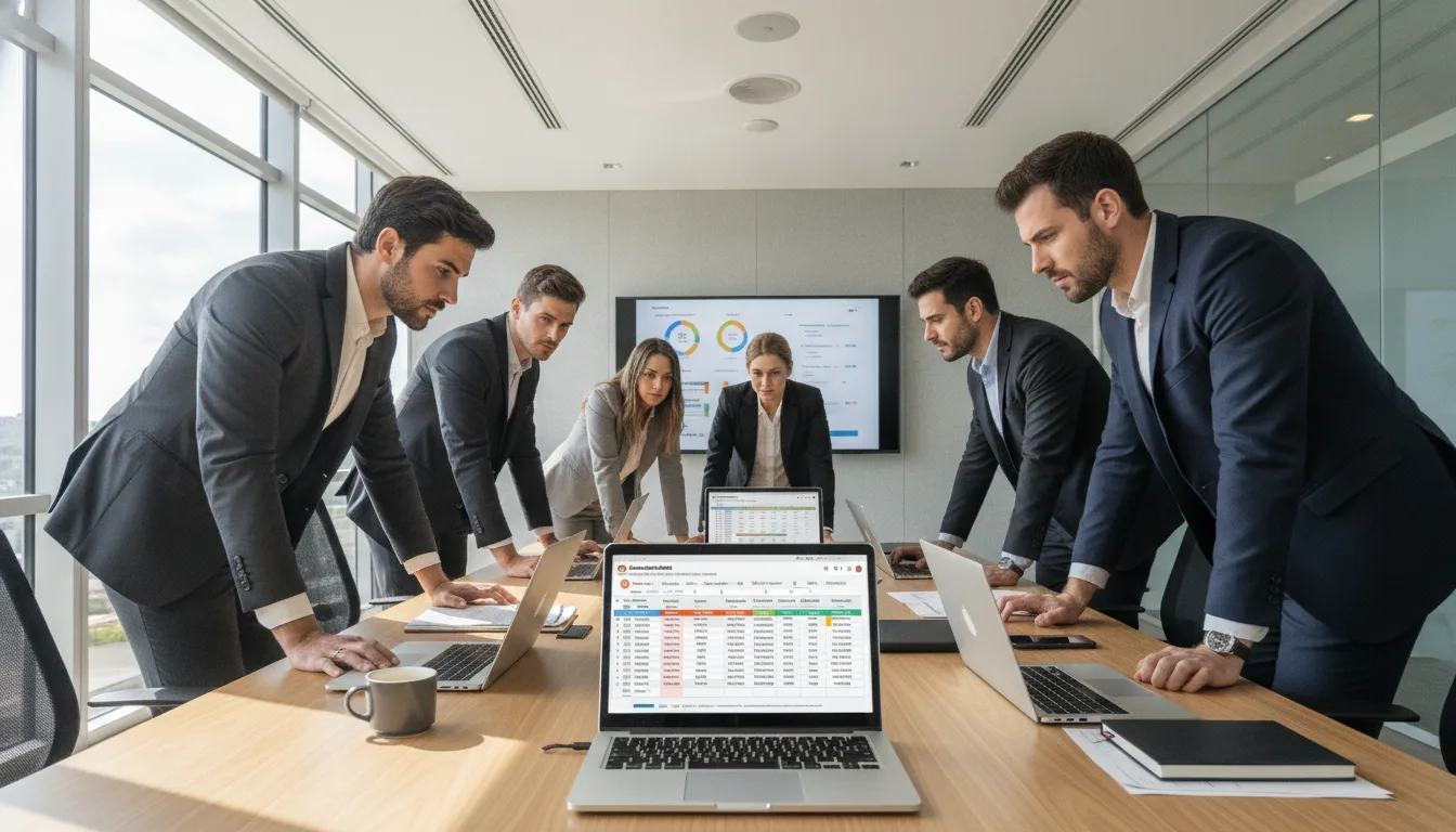 Grupo de empresários em reunião analisando dados em laptops para a Black Friday 2026. | Imagine Company - Agência de Marketing e Vendas em Goiânia - GO - BRASIL