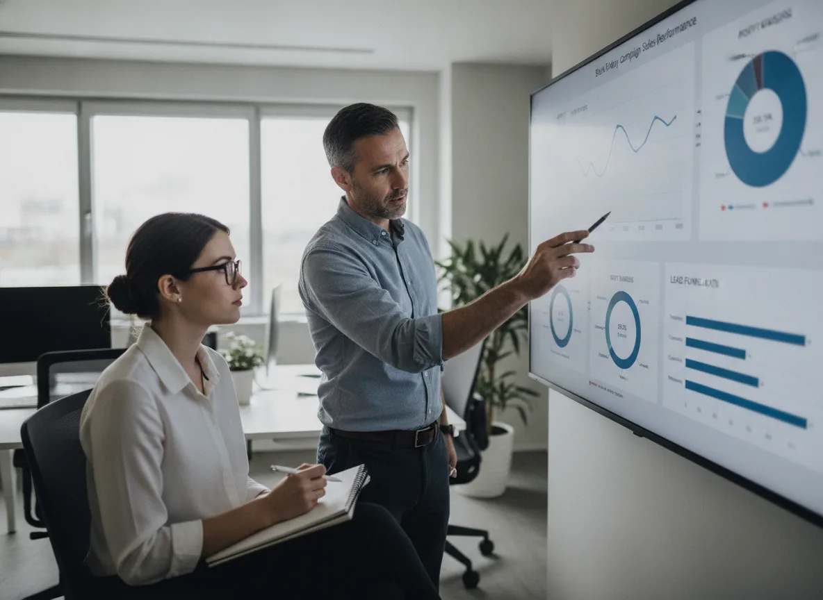 Dois profissionais discutem gráficos de vendas em uma tela grande. | Imagine Company - Agência de Marketing e Vendas em Goiânia - GO - BRASIL