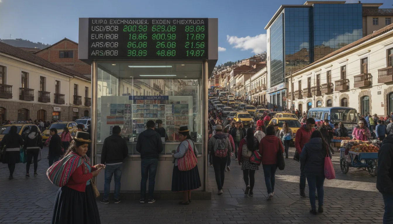 Pessoas em rua movimentada na Bolívia, painel de câmbio ao fundo | Imagine Company - Agência de Marketing e Vendas em Goiânia - GO - BRASIL