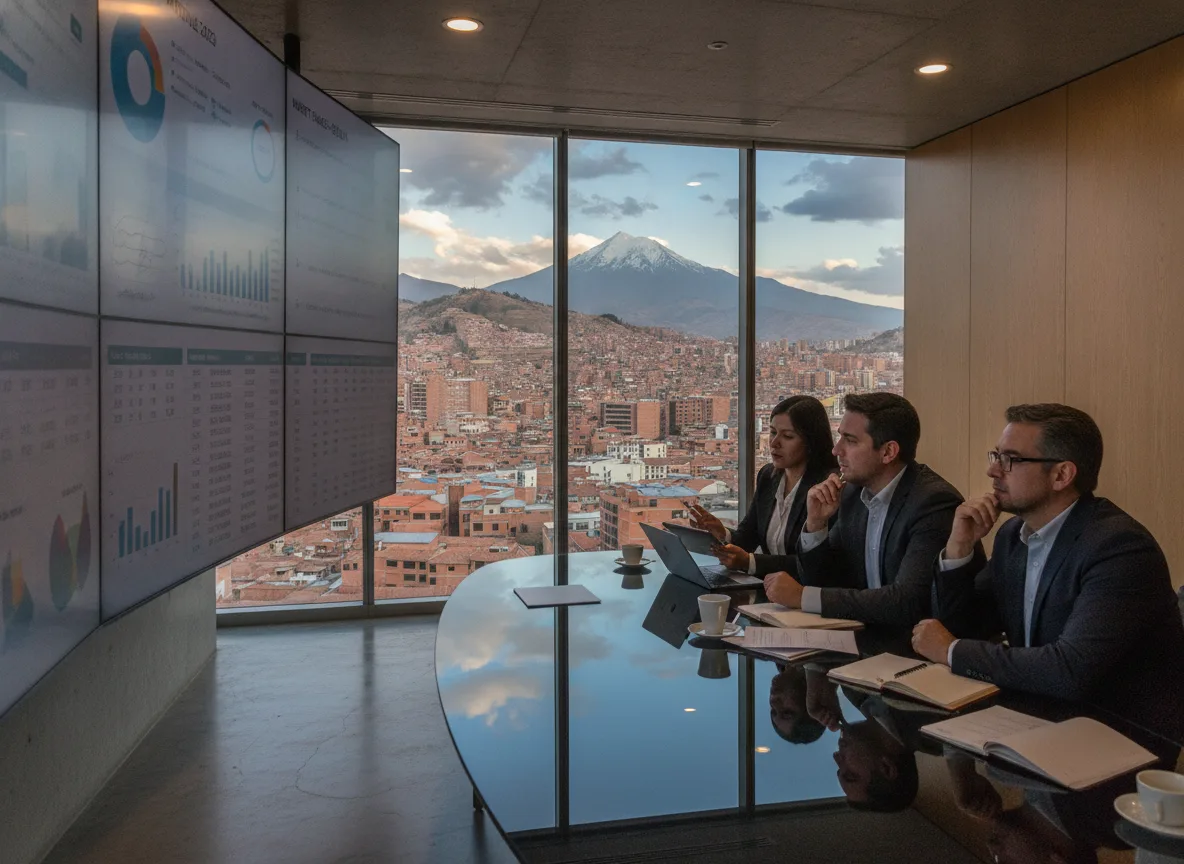 Três executivos em reunião analisando gráficos em tela grande com vista para cidade e montanha na Bolívia | Imagine Company - Agência de Marketing e Vendas em Goiânia - GO - BRASIL