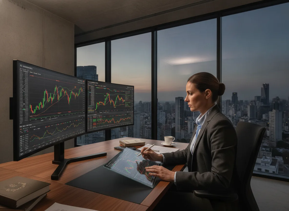 Mulher em escritório analisando gráficos de ações em monitores com cidade ao fundo | Imagine Company - Agência de Marketing e Vendas em Goiânia - GO - BRASIL