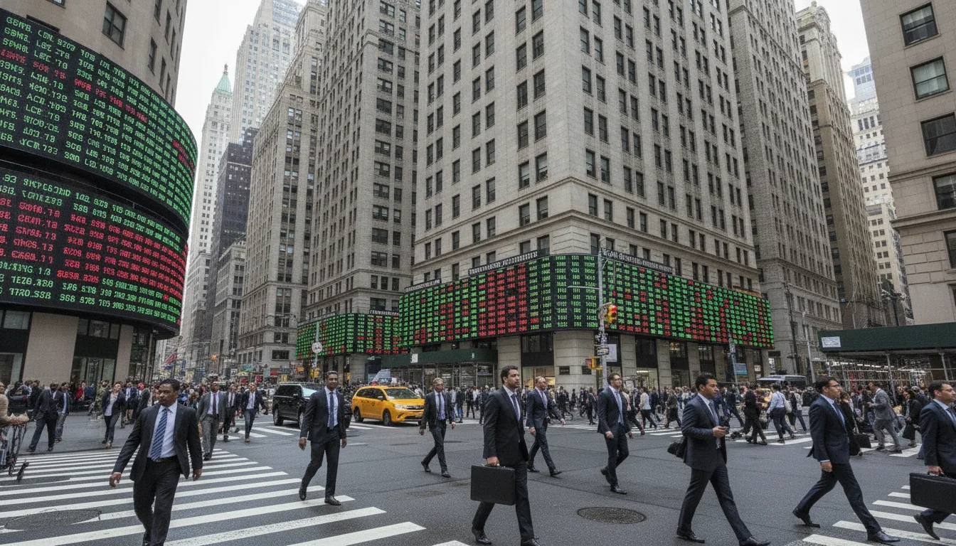 Rua movimentada em Nova York com telões de cotações de ações em prédios altos | Imagine Company - Agência de Marketing e Vendas em Goiânia - GO - BRASIL
