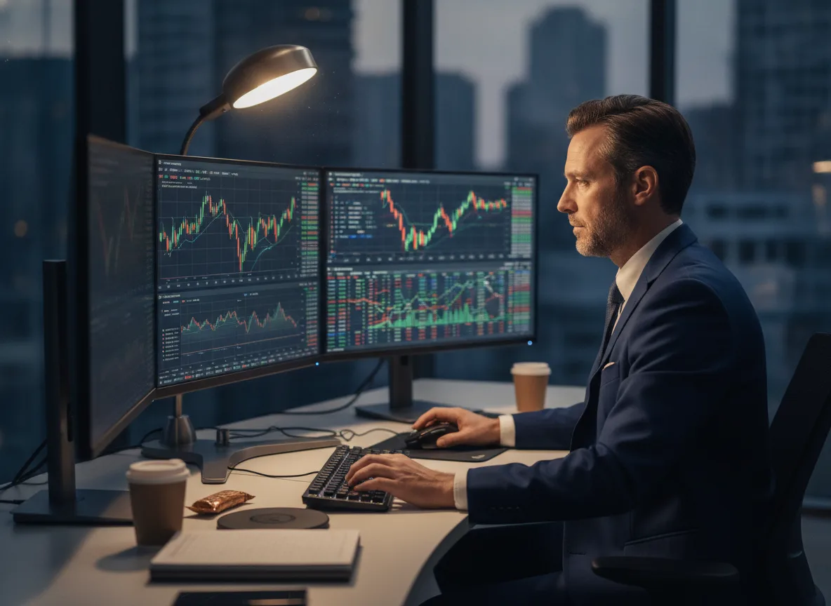 Homem em escritório analisa gráficos de ações em dois monitores | Imagine Company - Agência de Marketing e Vendas em Goiânia - GO - BRASIL