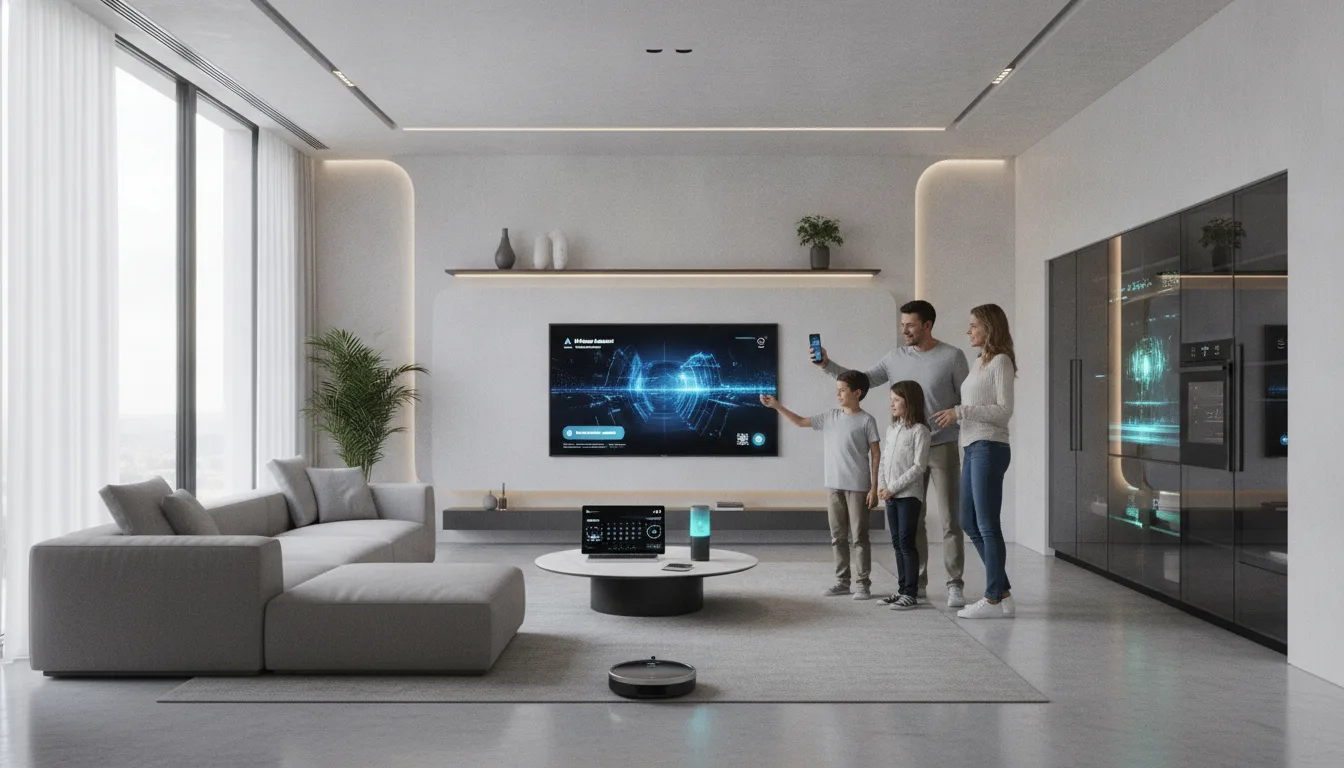 Família usando dispositivos eletrônicos inteligentes em sala de estar moderna. | Imagine Company - Agência de Marketing e Vendas em Goiânia - GO - BRASIL