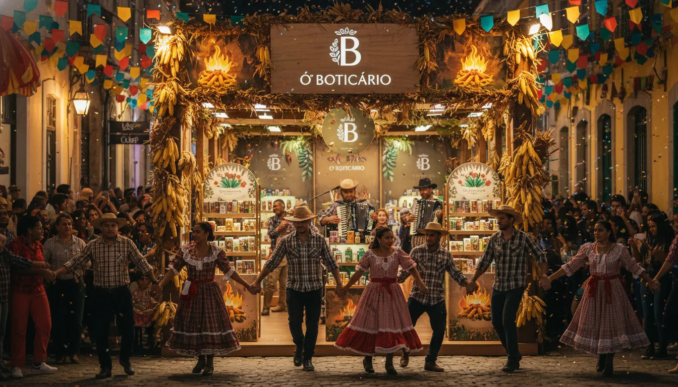 Loja do Boticário decorada para festa junina com pessoas dançando | Imagine Company - Agência de Marketing e Vendas em Goiânia - GO - BRASIL