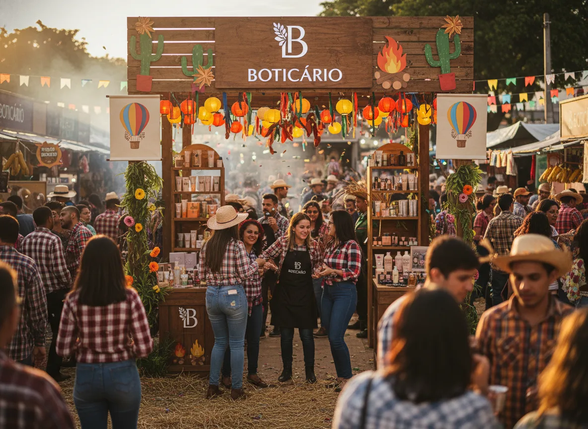 Pessoas em festa junina do Boticário com decoração colorida | Imagine Company - Agência de Marketing e Vendas em Goiânia - GO - BRASIL