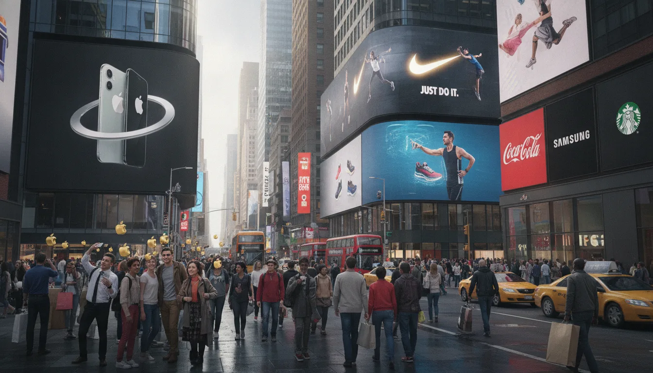 Pessoas caminham em avenida com grandes painéis publicitários de marcas famosas. | Imagine Company - Agência de Marketing e Vendas em Goiânia - GO - BRASIL