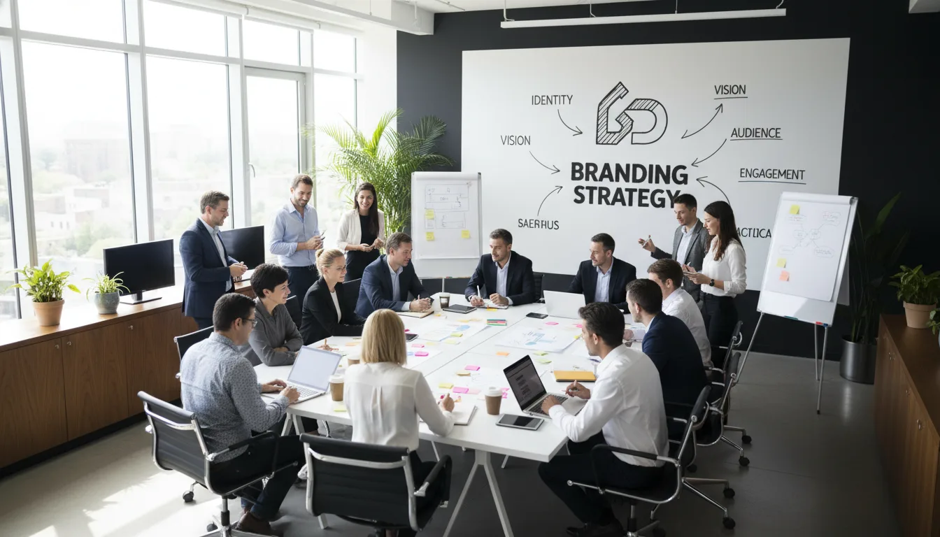 Grupo de profissionais em reunião de branding com quadros e laptops | Imagine Company - Agência de Marketing e Vendas em Goiânia - GO - BRASIL