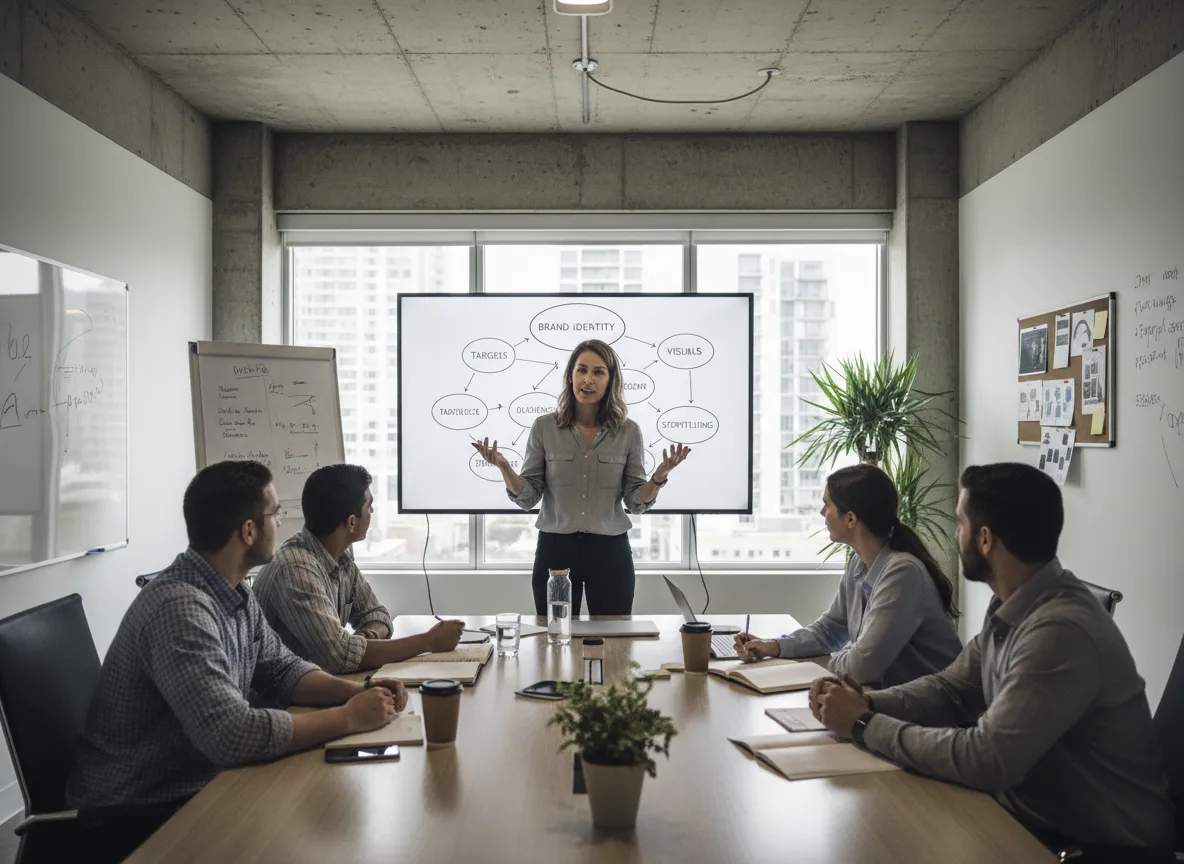 Mulher apresentando estratégias de branding para equipe em sala de conferência | Imagine Company - Agência de Marketing e Vendas em Goiânia - GO - BRASIL