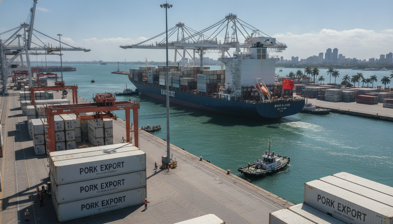Navio carregado com contêineres de carne suína no porto para exportação | Imagine Company - Agência de Marketing e Vendas em Goiânia - GO - BRASIL