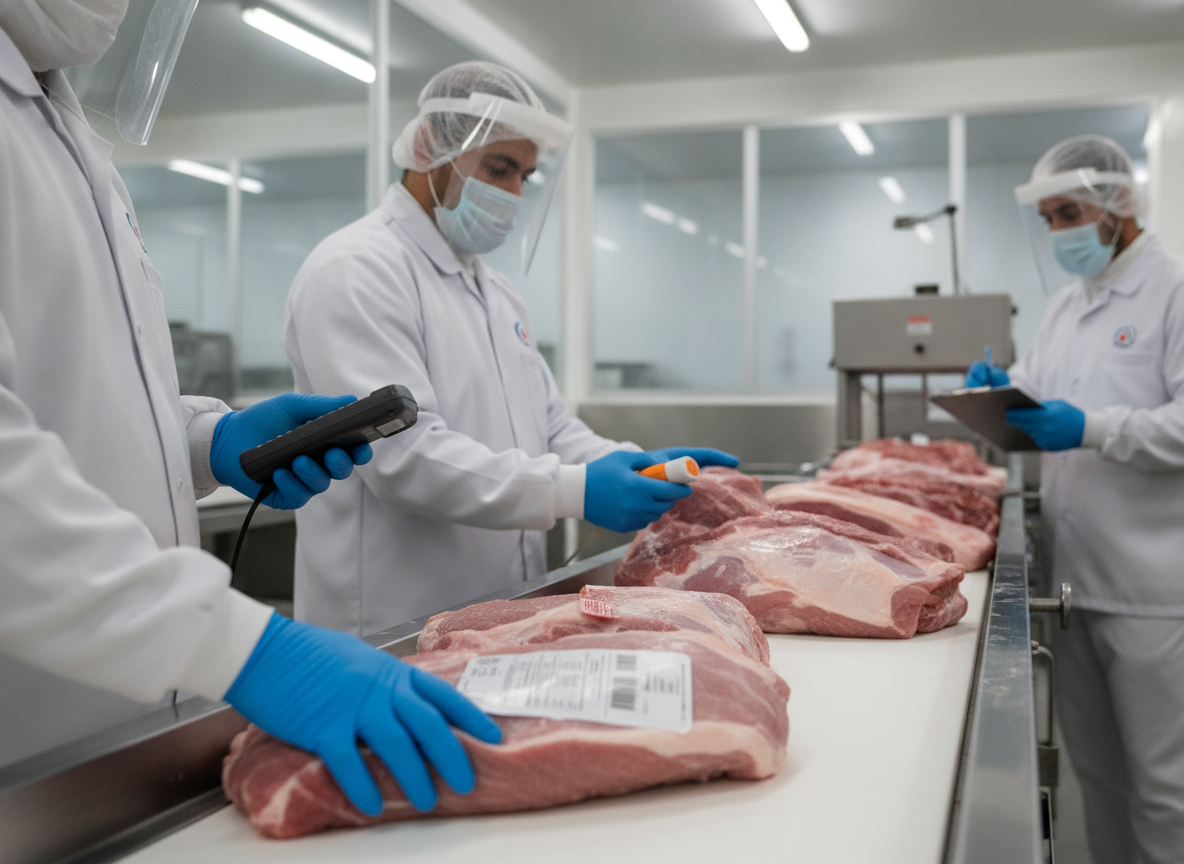 Profissionais inspecionam carne suína em linha de produção para exportação | Imagine Company - Agência de Marketing e Vendas em Goiânia - GO - BRASIL