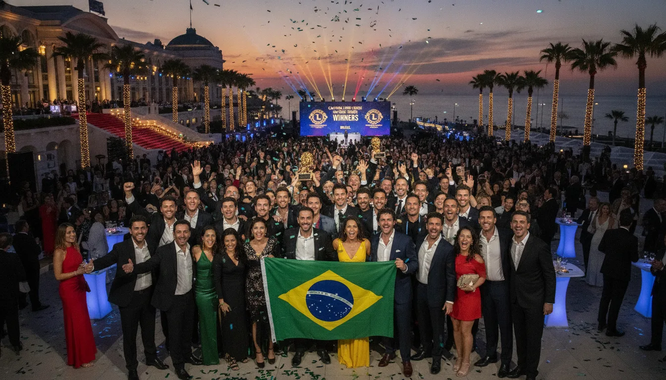 Equipe brasileira comemorando com bandeira em Cannes 2026 | Imagine Company - Agência de Marketing e Vendas em Goiânia - GO - BRASIL
