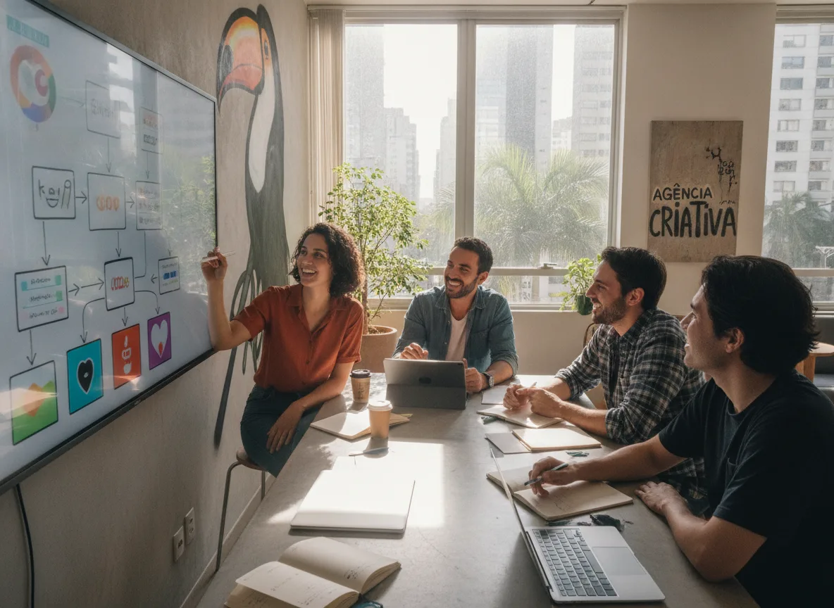 Quatro pessoas discutem gráficos em tela sobre prêmios Cannes 2026 | Imagine Company - Agência de Marketing e Vendas em Goiânia - GO - BRASIL
