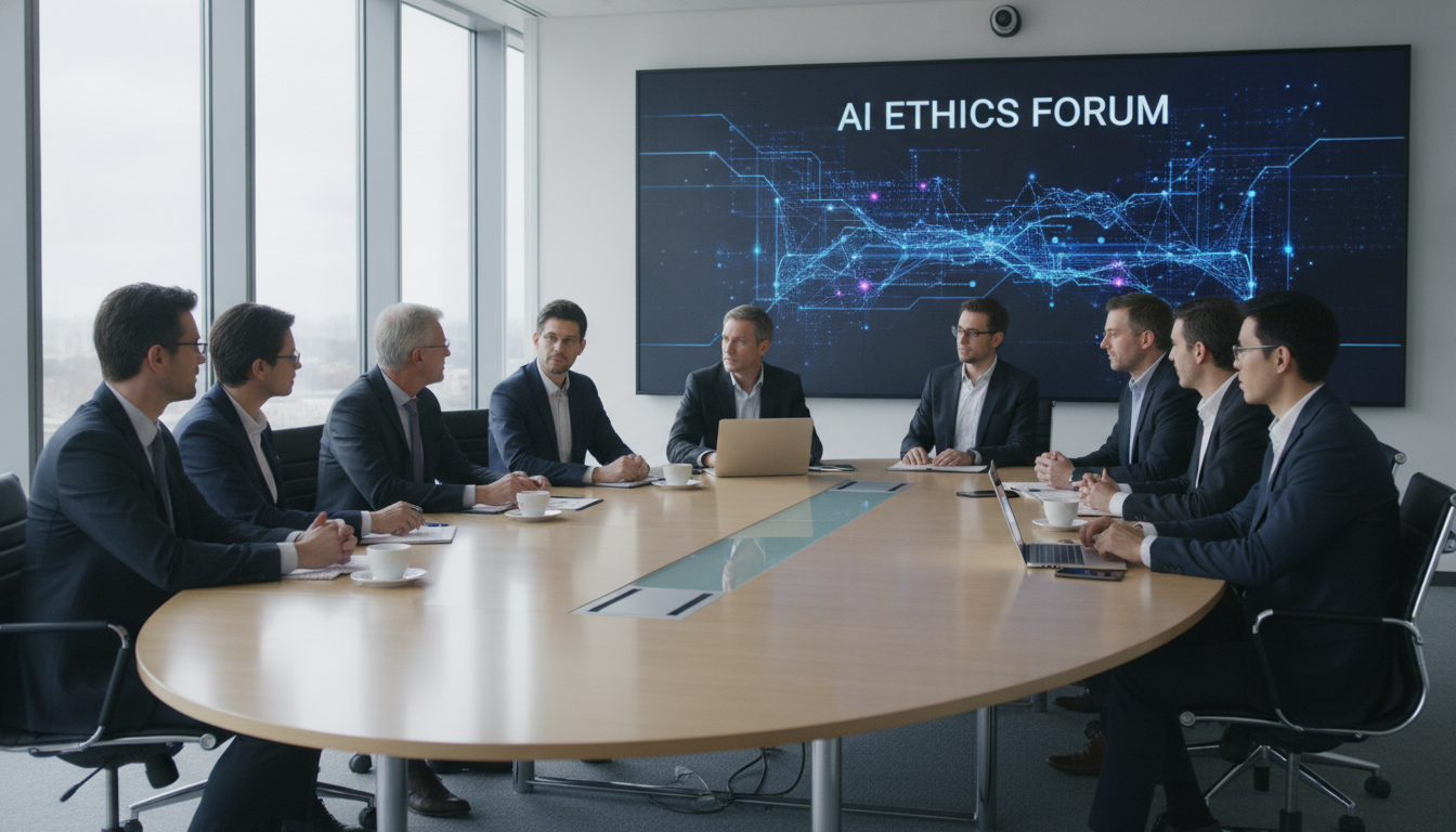 Pessoas em reunião discutindo ética em IA com tela ao fundo | Imagine Company - Agência de Marketing e Vendas em Goiânia - GO - BRASIL