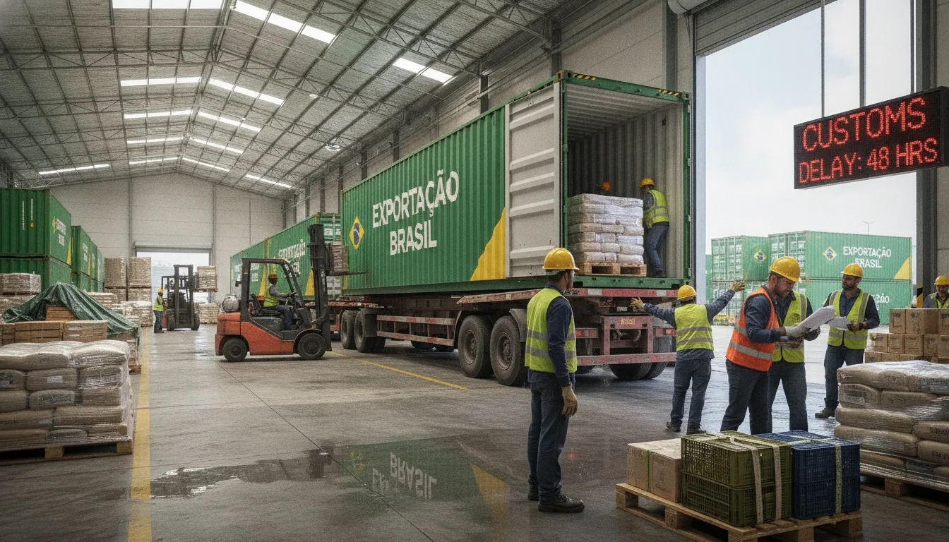 Trabalhadores em armazém com contêiner de exportação do Brasil e aviso de atraso na alfândega | Imagine Company - Agência de Marketing e Vendas em Goiânia - GO - BRASIL