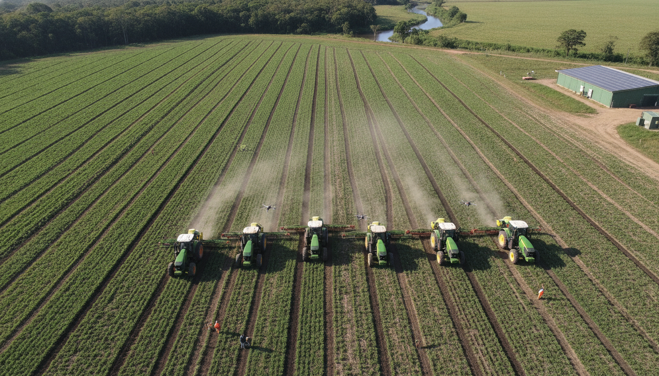 Vista aérea de tratores aplicando fertilizantes em campo agrícola | Imagine Company - Agência de Marketing e Vendas em Goiânia - GO - BRASIL