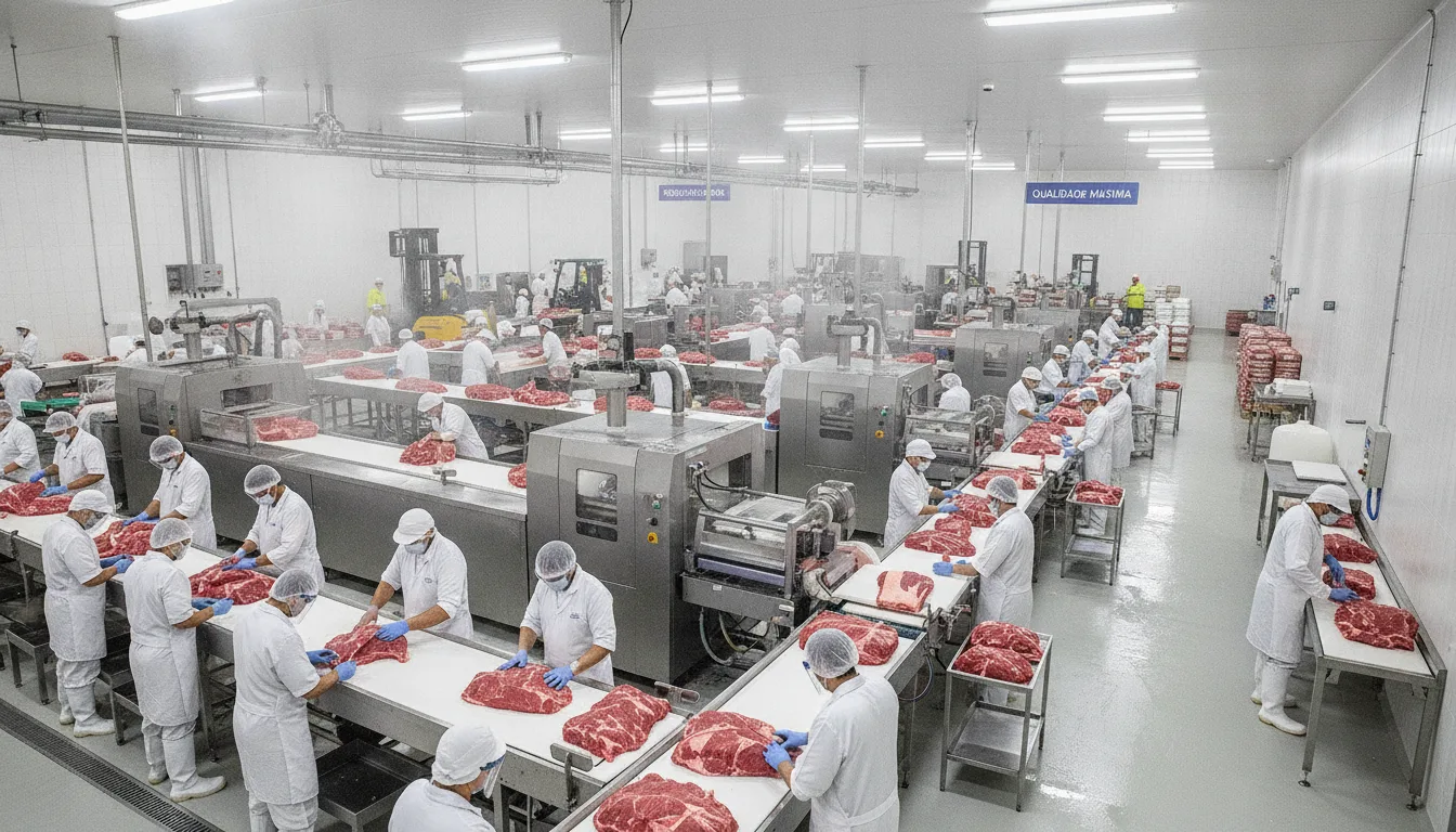 Trabalhadores em linha de produção de carne em frigorífico no Brasil | Imagine Company - Agência de Marketing e Vendas em Goiânia - GO - BRASIL