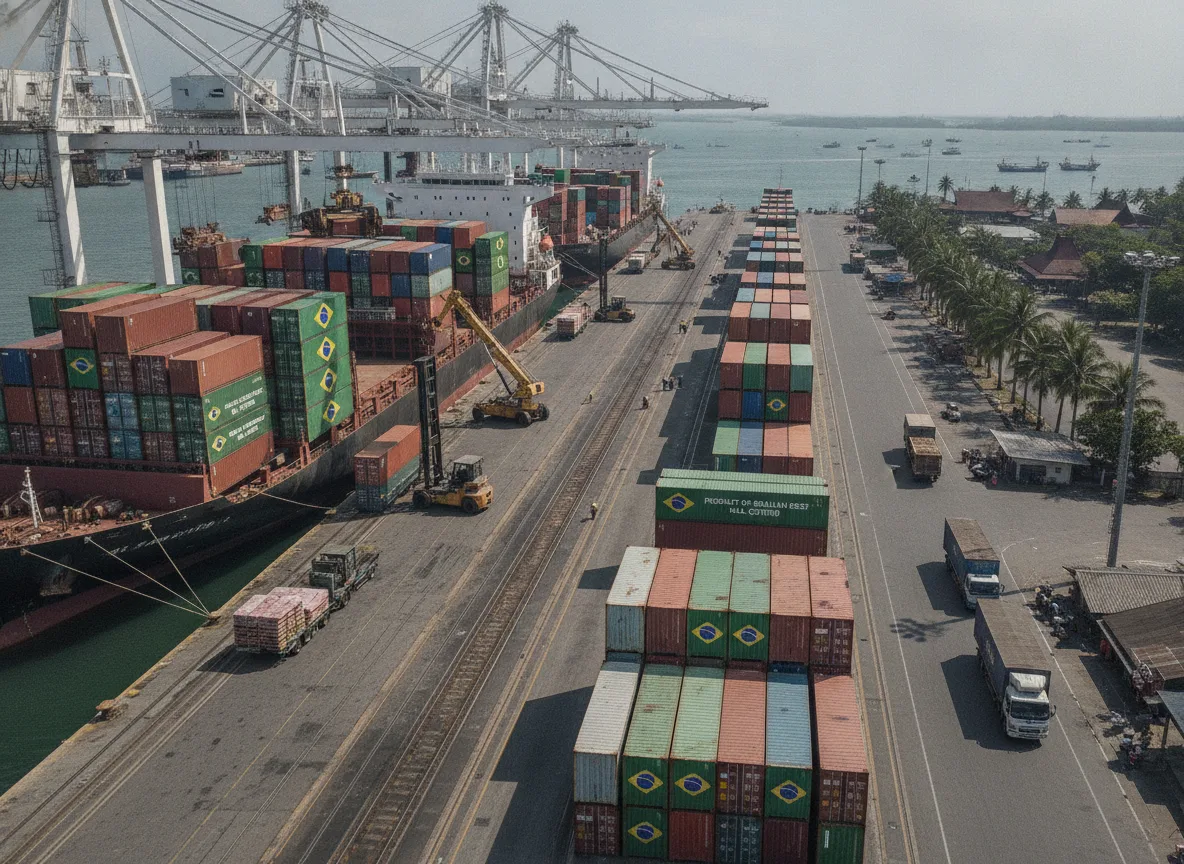 Contêineres com bandeira do Brasil em porto para exportação | Imagine Company - Agência de Marketing e Vendas em Goiânia - GO - BRASIL