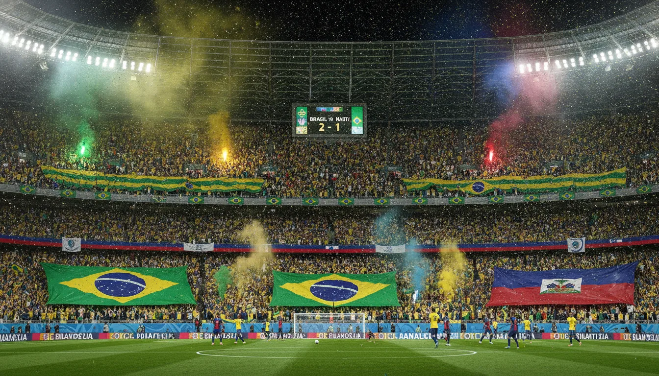 Estádio lotado com bandeiras do Brasil e Haiti, placar 2-1 para o Brasil | Imagine Company - Agência de Marketing e Vendas em Goiânia - GO - BRASIL