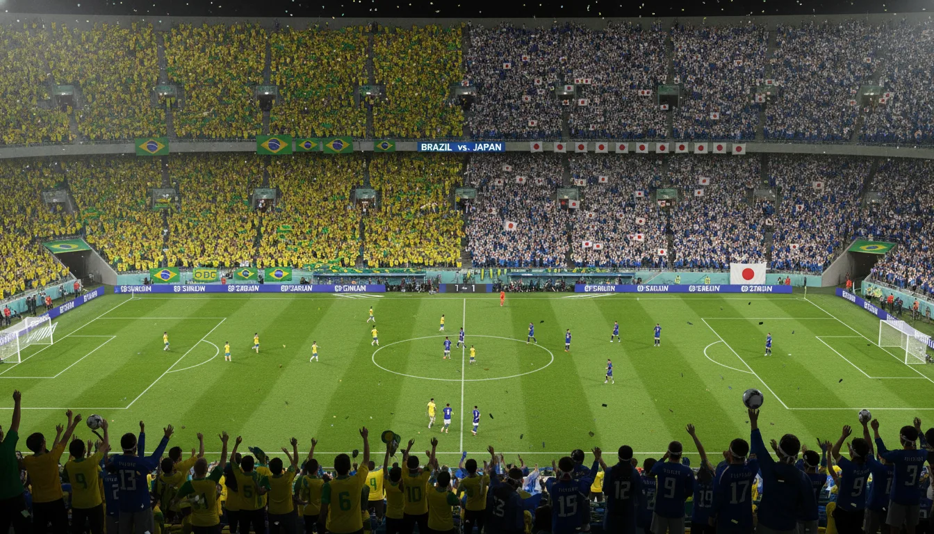 Estádio lotado com torcidas do Brasil e Japão durante jogo da Copa | Imagine Company - Agência de Marketing e Vendas em Goiânia - GO - BRASIL