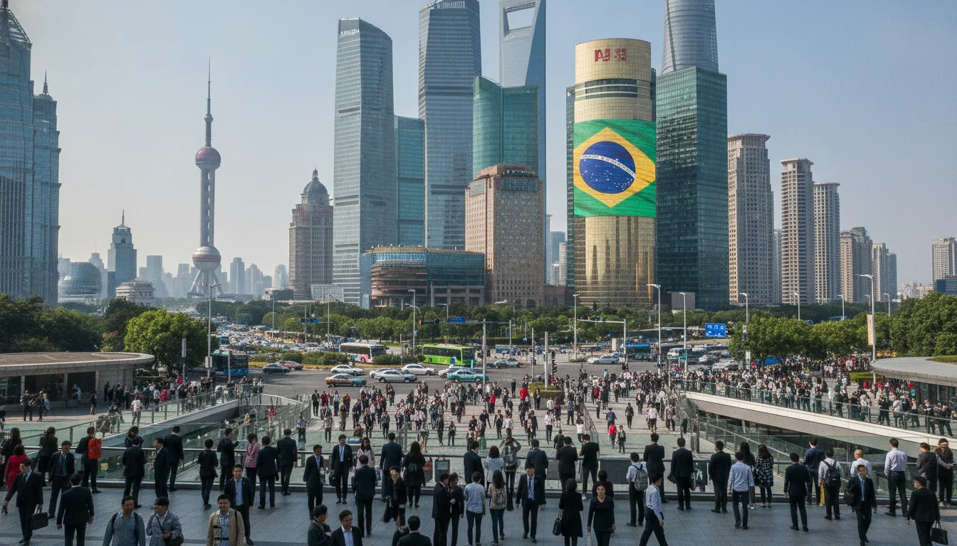 Prédios em Xangai com bandeira do Brasil, simbolizando emissão de títulos | Imagine Company - Agência de Marketing e Vendas em Goiânia - GO - BRASIL