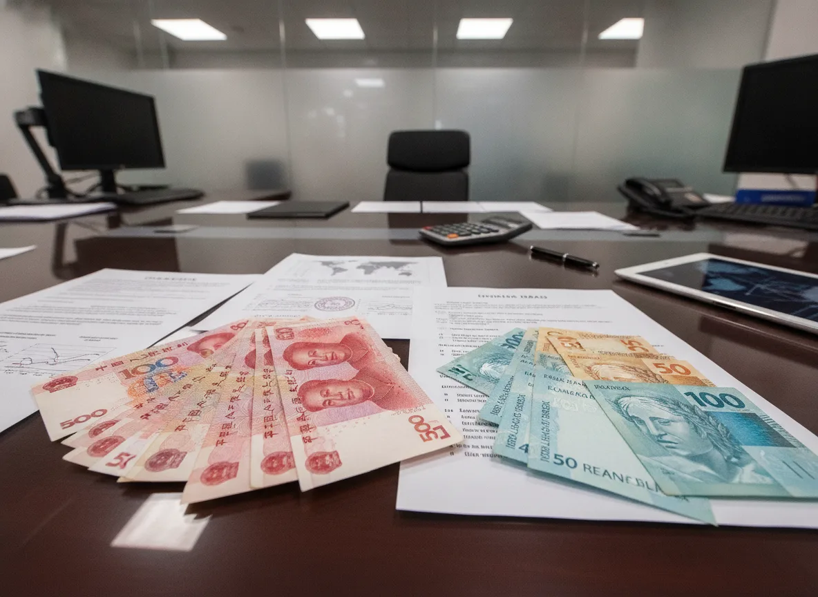 Notas de iuanes e reais em mesa de escritório, destacando emissão de títulos | Imagine Company - Agência de Marketing e Vendas em Goiânia - GO - BRASIL