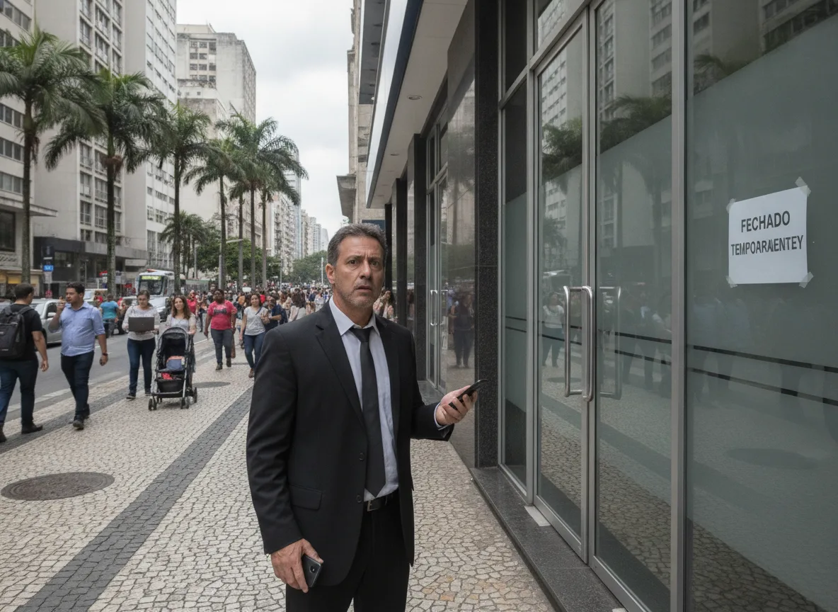 Homem de terno com celular em frente a agência bancária fechada | Imagine Company - Agência de Marketing e Vendas em Goiânia - GO - BRASIL