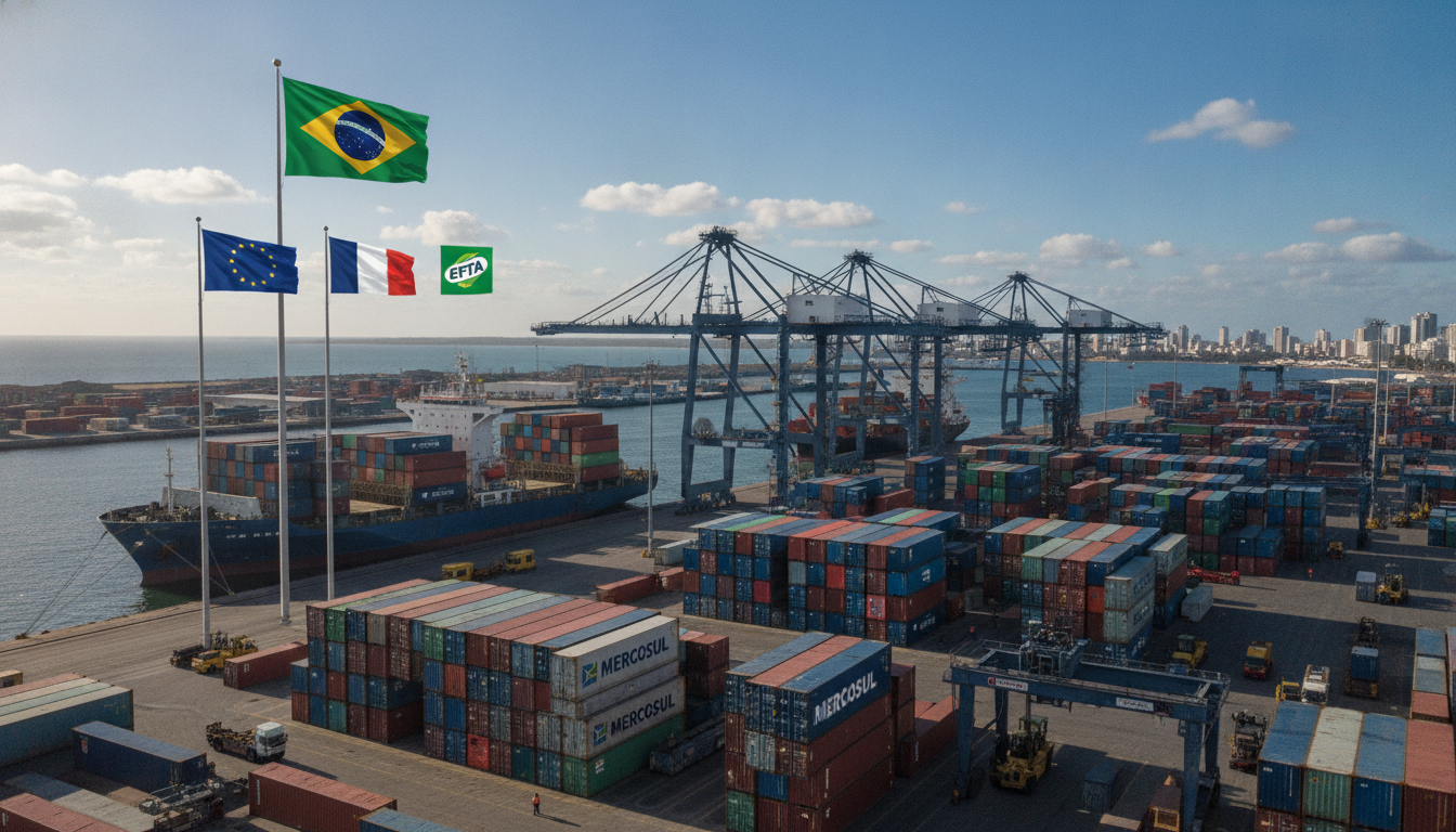 Contêineres e bandeiras do Mercosul e EFTA em porto brasileiro | Imagine Company - Agência de Marketing e Vendas em Goiânia - GO - BRASIL