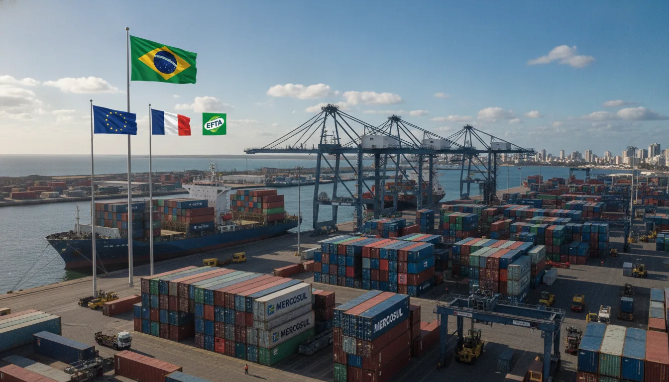 Contêineres e bandeiras do Mercosul e EFTA em porto brasileiro | Imagine Company - Agência de Marketing e Vendas em Goiânia - GO - BRASIL