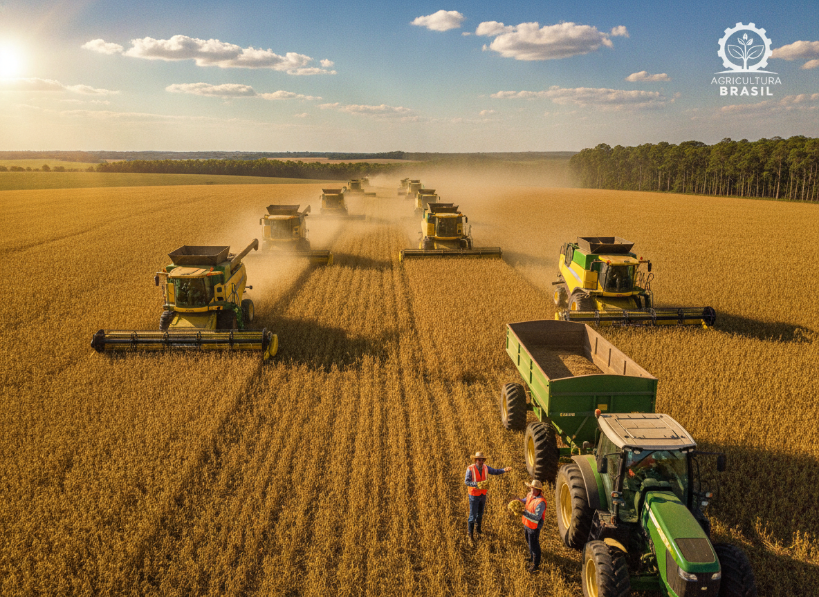 Máquinas agrícolas colhendo soja em grande campo sob céu azul | Imagine Company - Agência de Marketing e Vendas em Goiânia - GO - BRASIL