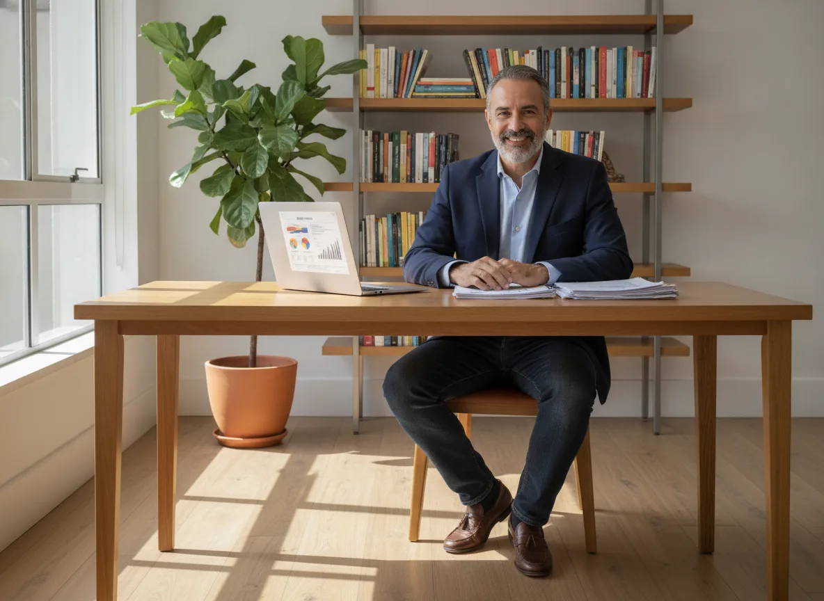 Homem sorridente sentado em mesa de escritório com laptop e livros ao fundo | Imagine Company - Agência de Marketing e Vendas em Goiânia - GO - BRASIL