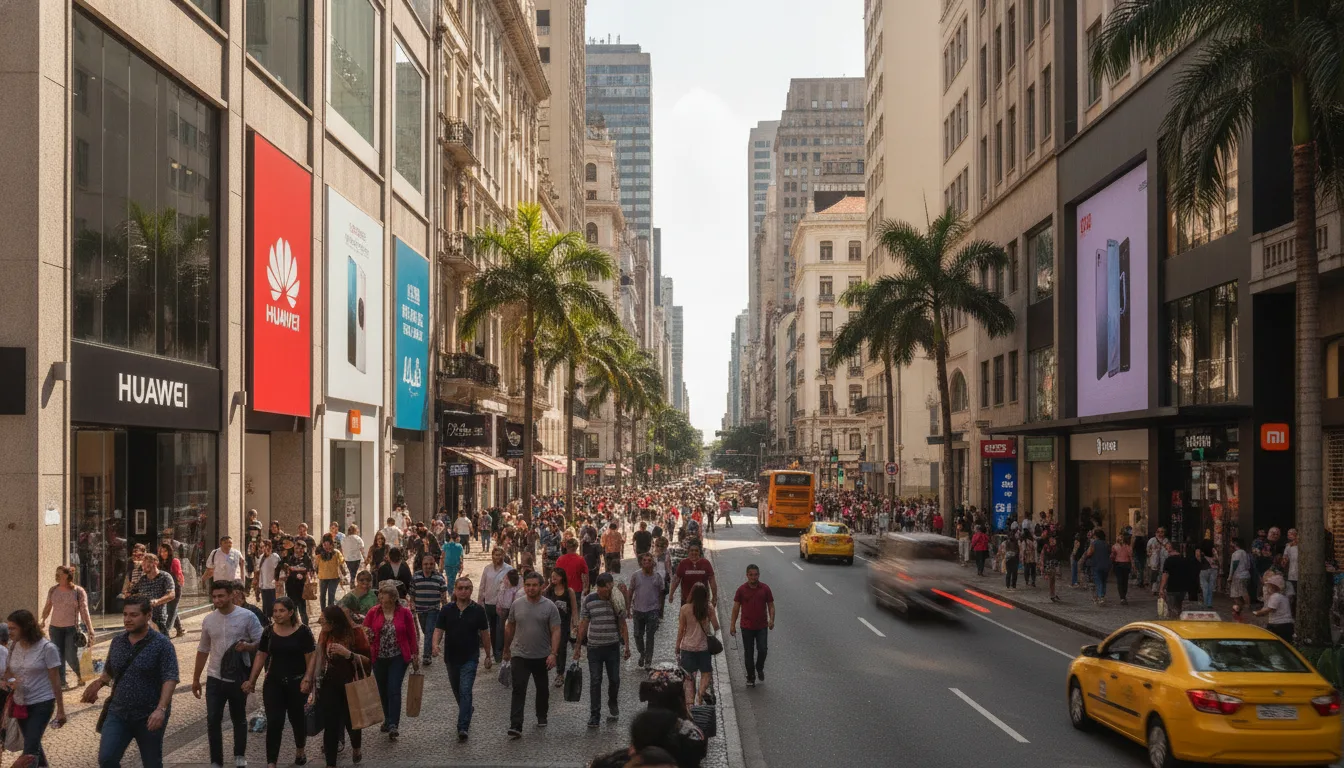 Pessoas caminhando na Avenida Paulista com lojas de marcas chinesas visíveis | Imagine Company - Agência de Marketing e Vendas em Goiânia - GO - BRASIL