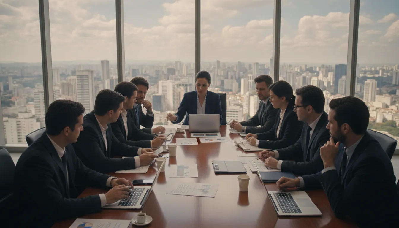 Executivos em reunião sobre OPA da Brava Energia em sala com vista urbana | Imagine Company - Agência de Marketing e Vendas em Goiânia - GO - BRASIL