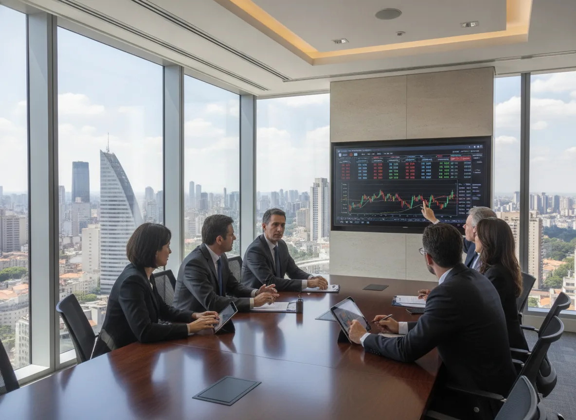 Executivos em reunião analisando gráficos financeiros em tela grande | Imagine Company - Agência de Marketing e Vendas em Goiânia - GO - BRASIL