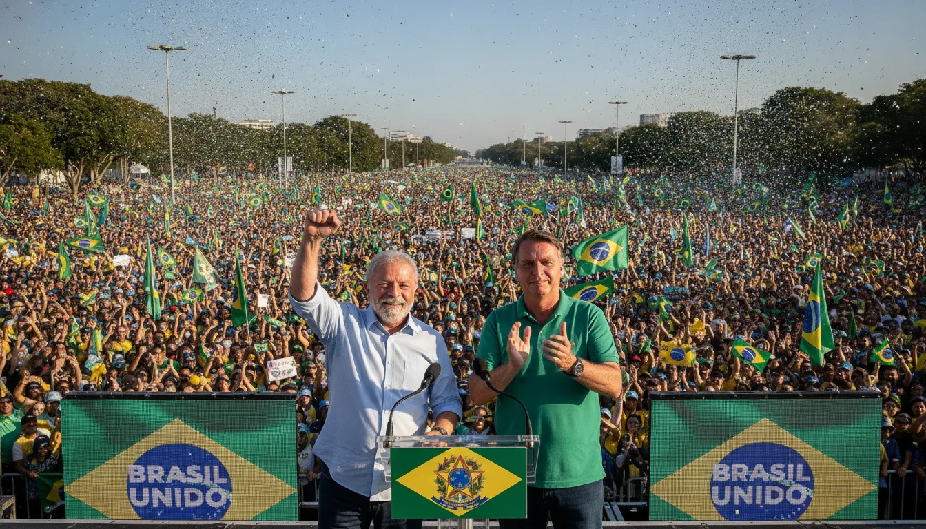 Lula em comício com multidão e bandeiras do Brasil ao fundo | Imagine Company - Agência de Marketing e Vendas em Goiânia - GO - BRASIL