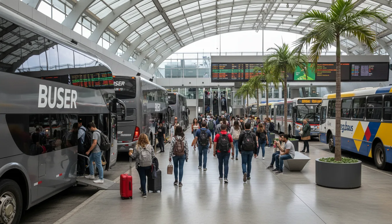 Passageiros em terminal rodoviário com ônibus da Buser e concorrentes. | Imagine Company - Agência de Marketing e Vendas em Goiânia - GO - BRASIL