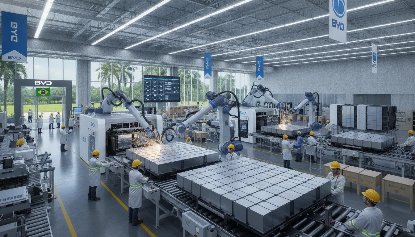 Linha de produção de baterias da BYD com robôs e funcionários em fábrica no Brasil | Imagine Company - Agência de Marketing e Vendas em Goiânia - GO - BRASIL