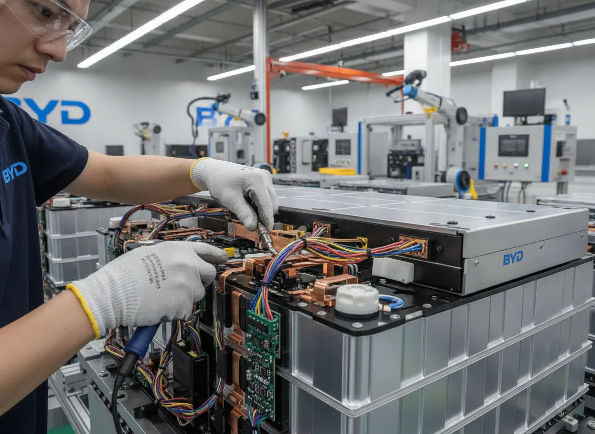 Pessoa montando baterias em fábrica da BYD no Brasil | Imagine Company - Agência de Marketing e Vendas em Goiânia - GO - BRASIL