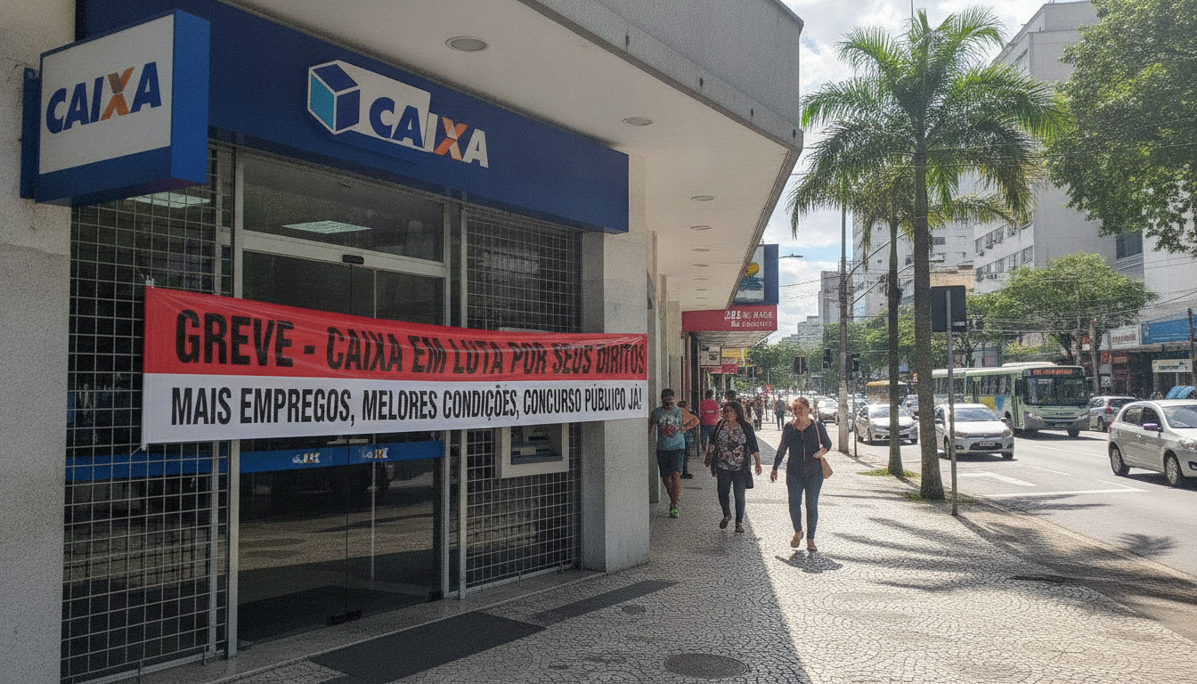 Fachada de agência da Caixa com faixa de greve, pessoas na calçada. | Imagine Company - Agência de Marketing e Vendas em Goiânia - GO - BRASIL