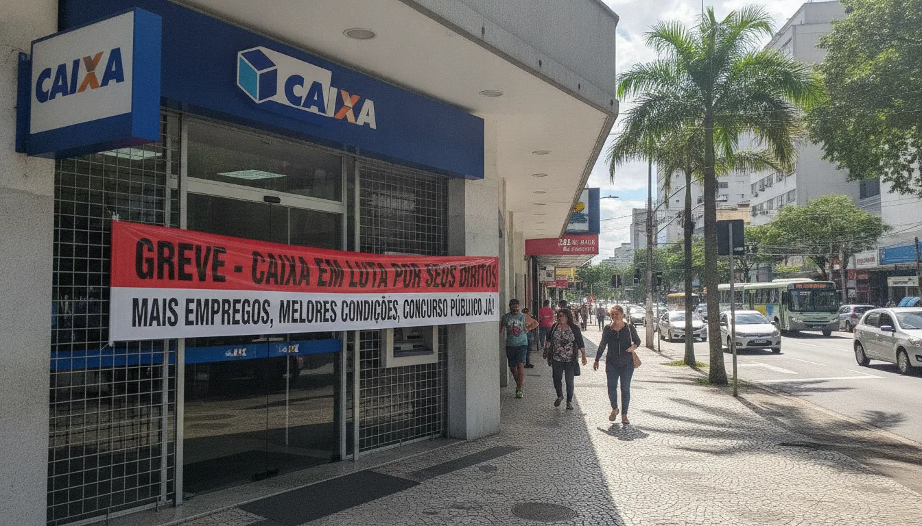 Fachada de agência da Caixa com faixa de greve, pessoas na calçada. | Imagine Company - Agência de Marketing e Vendas em Goiânia - GO - BRASIL