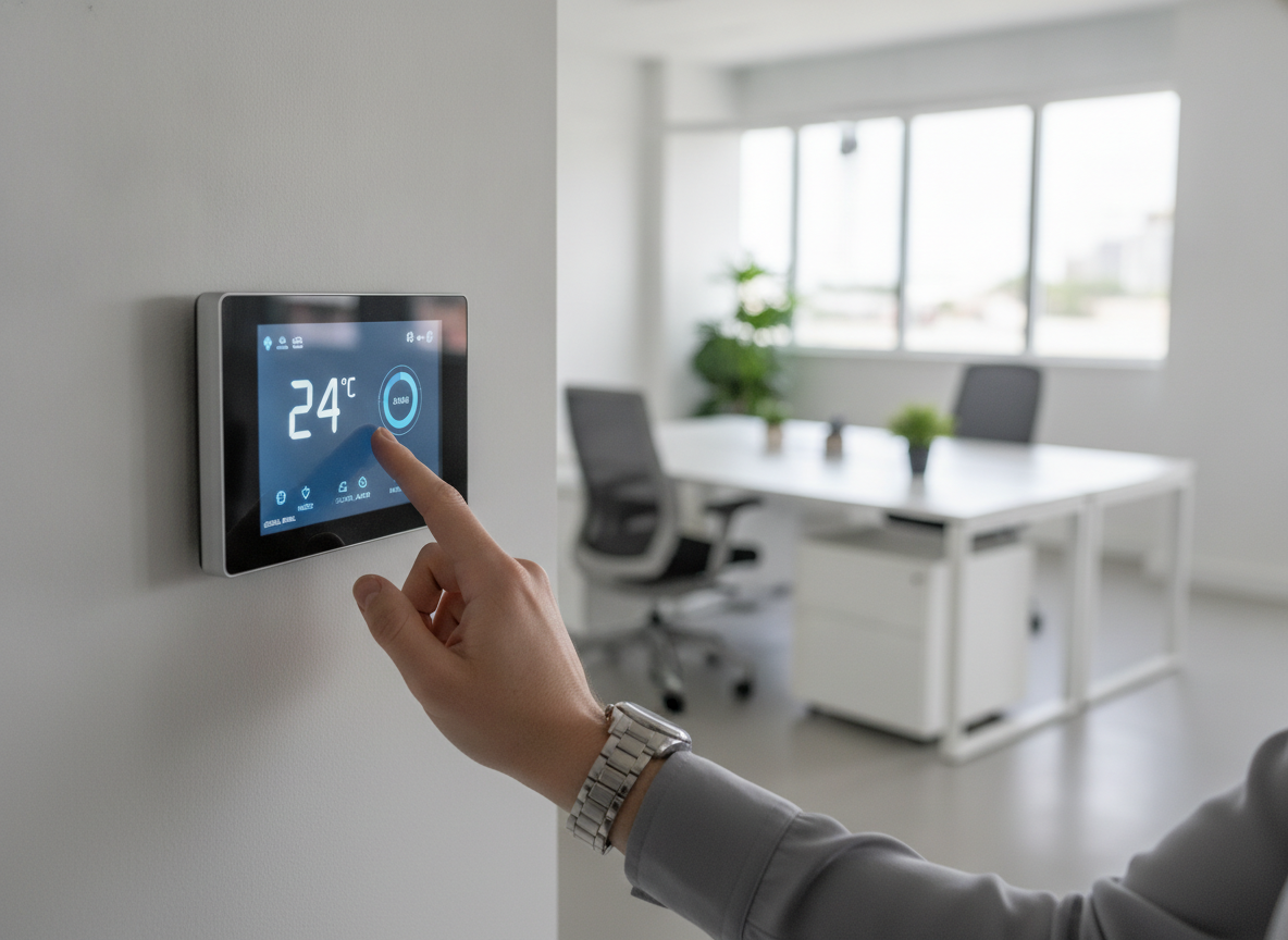 Pessoa ajustando termostato digital em escritório moderno | Imagine Company - Agência de Marketing e Vendas em Goiânia - GO - BRASIL