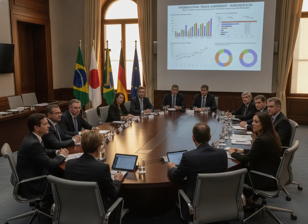 Líderes em reunião sobre acordo Mercosul-EFTA com bandeiras e gráficos | Imagine Company - Agência de Marketing e Vendas em Goiânia - GO - BRASIL