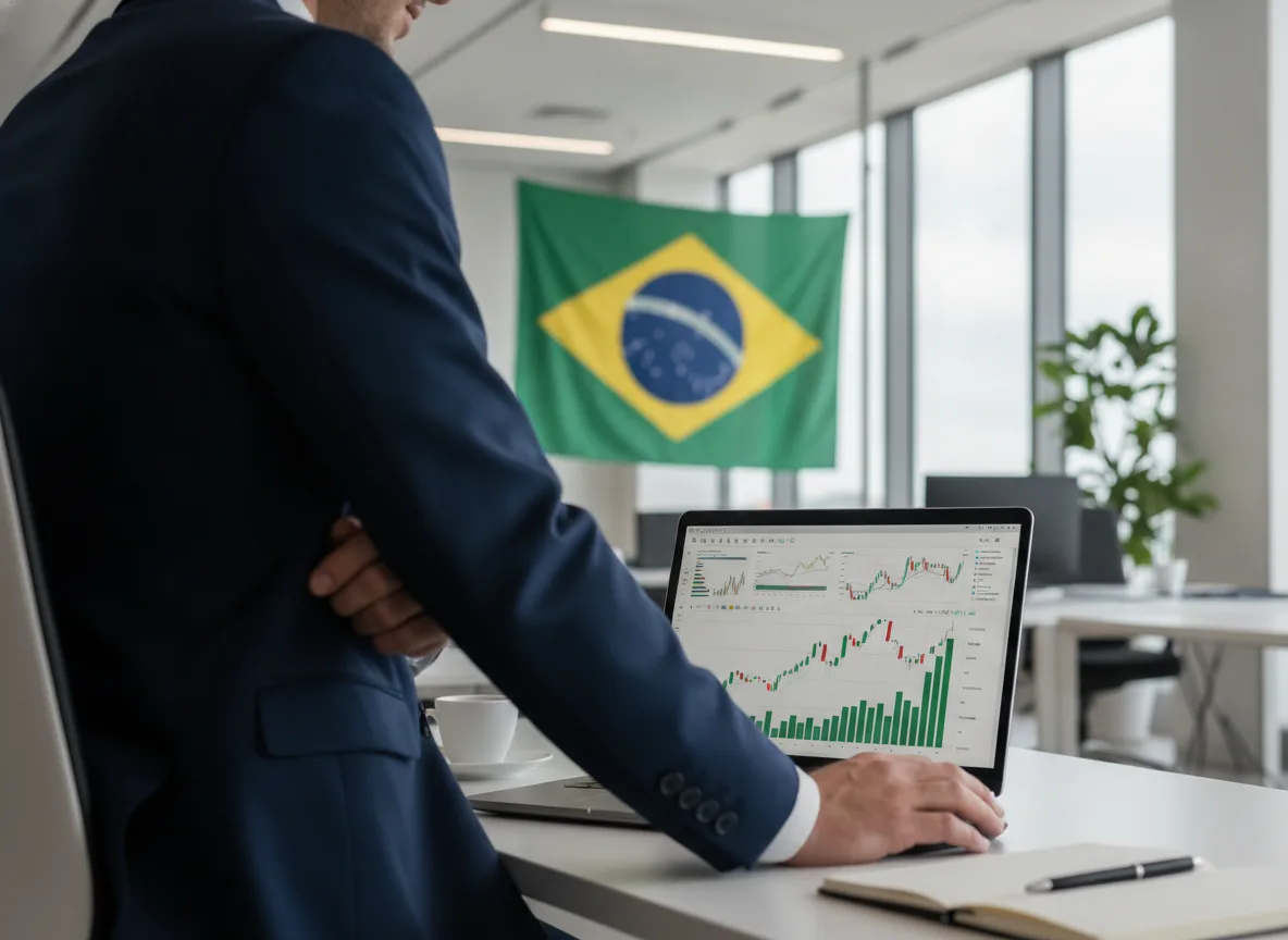 Homem de terno observa gráficos no laptop com bandeira do Brasil | Imagine Company - Agência de Marketing e Vendas em Goiânia - GO - BRASIL