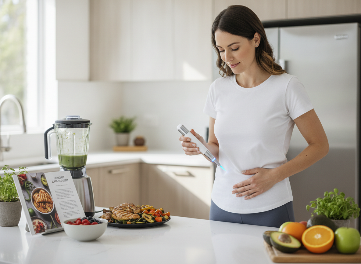 Mulher na cozinha usando caneta emagrecedora ao lado de alimentos saudáveis | Imagine Company - Agência de Marketing e Vendas em Goiânia - GO - BRASIL