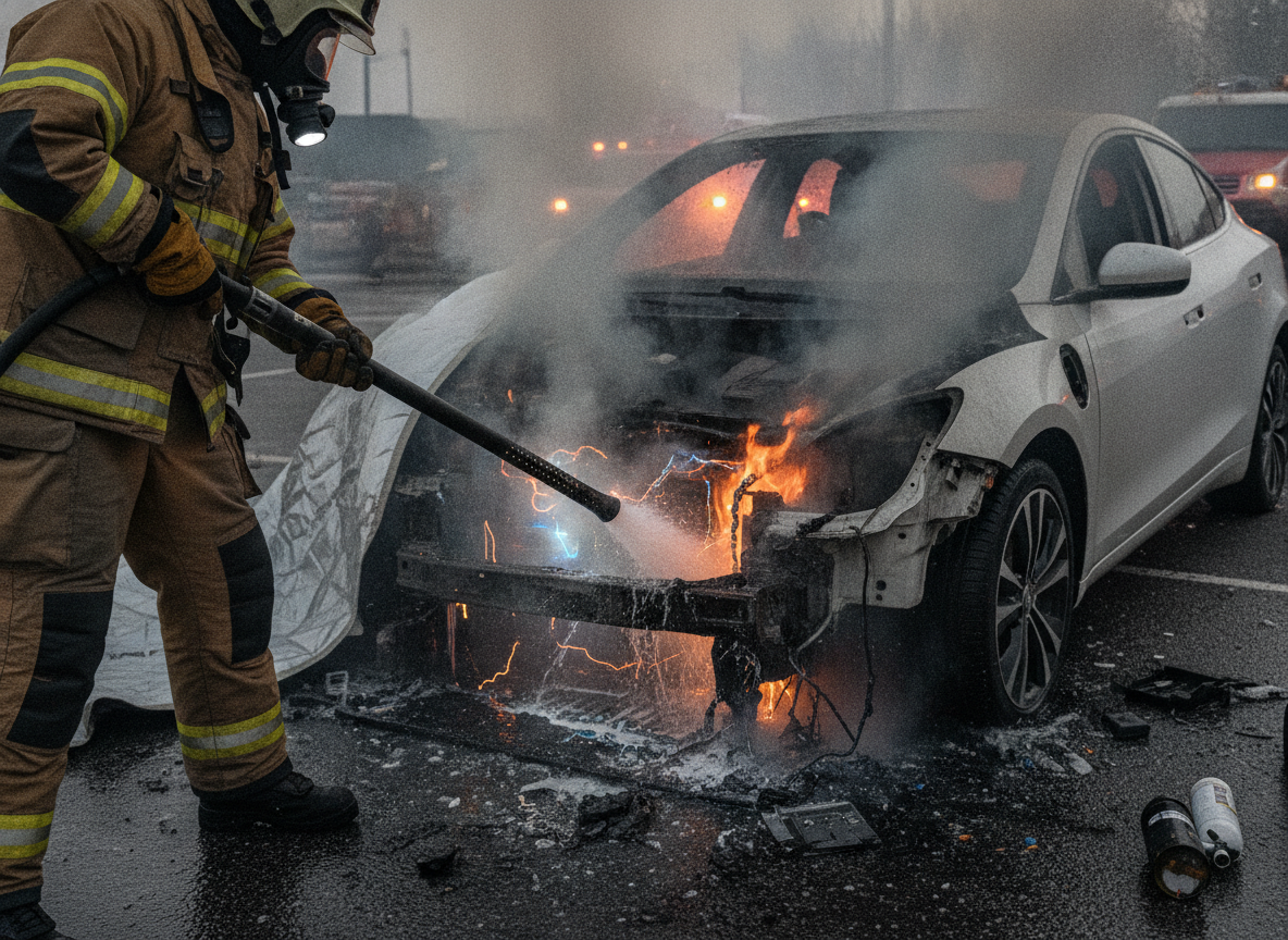 Bombeiro apagando incêndio em carro elétrico danificado. | Imagine Company - Agência de Marketing e Vendas em Goiânia - GO - BRASIL