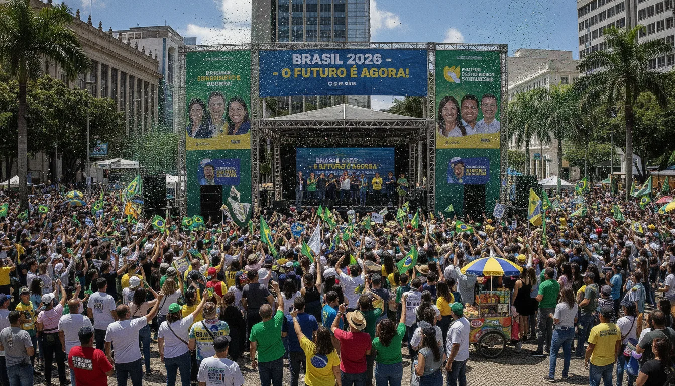 Comício com bandeiras do Brasil e apoio à centro-direita para 2026 | Imagine Company - Agência de Marketing e Vendas em Goiânia - GO - BRASIL