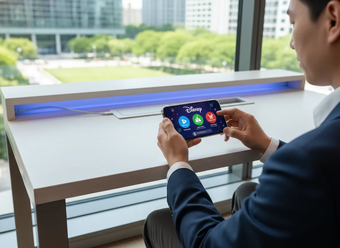 Homem em escritório moderno usando smartphone com app da Disney | Imagine Company - Agência de Marketing e Vendas em Goiânia - GO - BRASIL