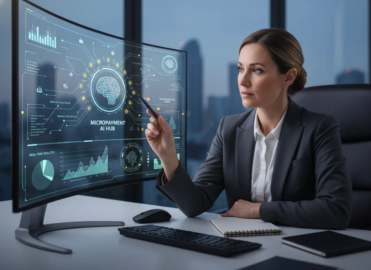 Mulher executiva observa tela com dados de IA e micropagamentos | Imagine Company - Agência de Marketing e Vendas em Goiânia - GO - BRASIL